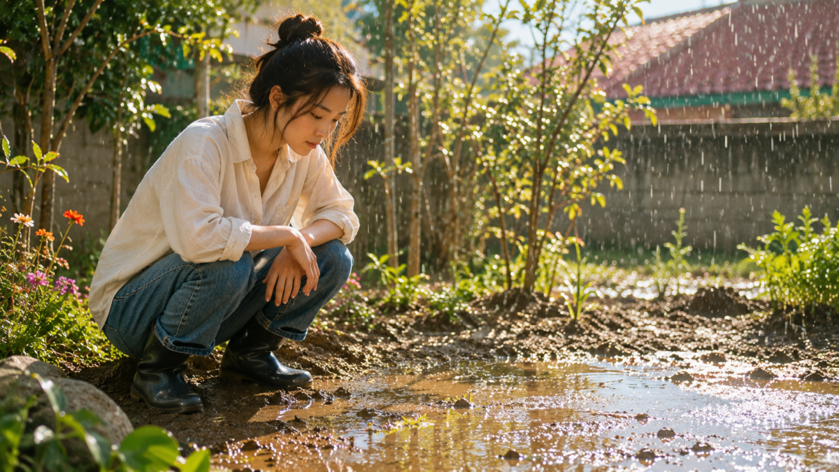Woman crouching beside a muddy garden puddle in the rain, reflecting the hardened ground in the spring cycle meaning.