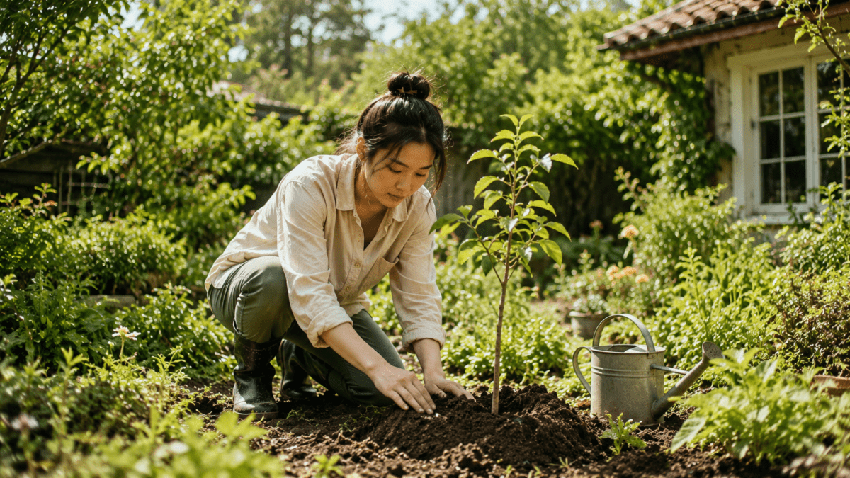 Woman planting a young tree in a sunlit garden, embodying the protected roots in the spring cycle meaning in astrology.
