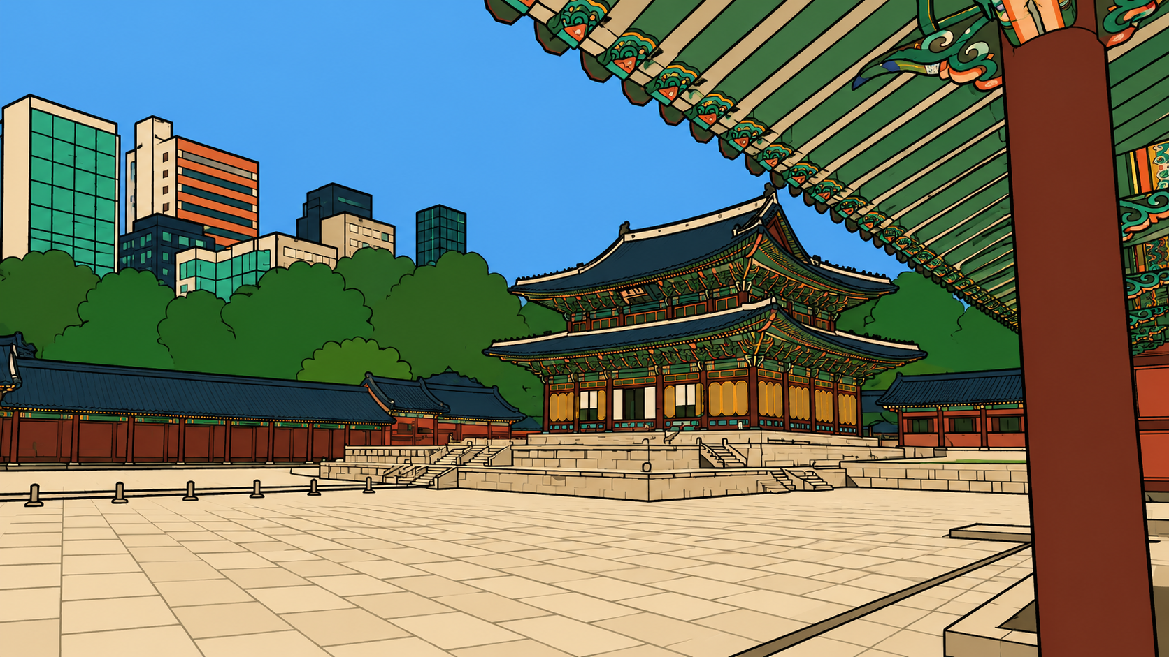 Minhwa-style illustration of a Korean palace courtyard, representing the spring cycle meaning in astrology.