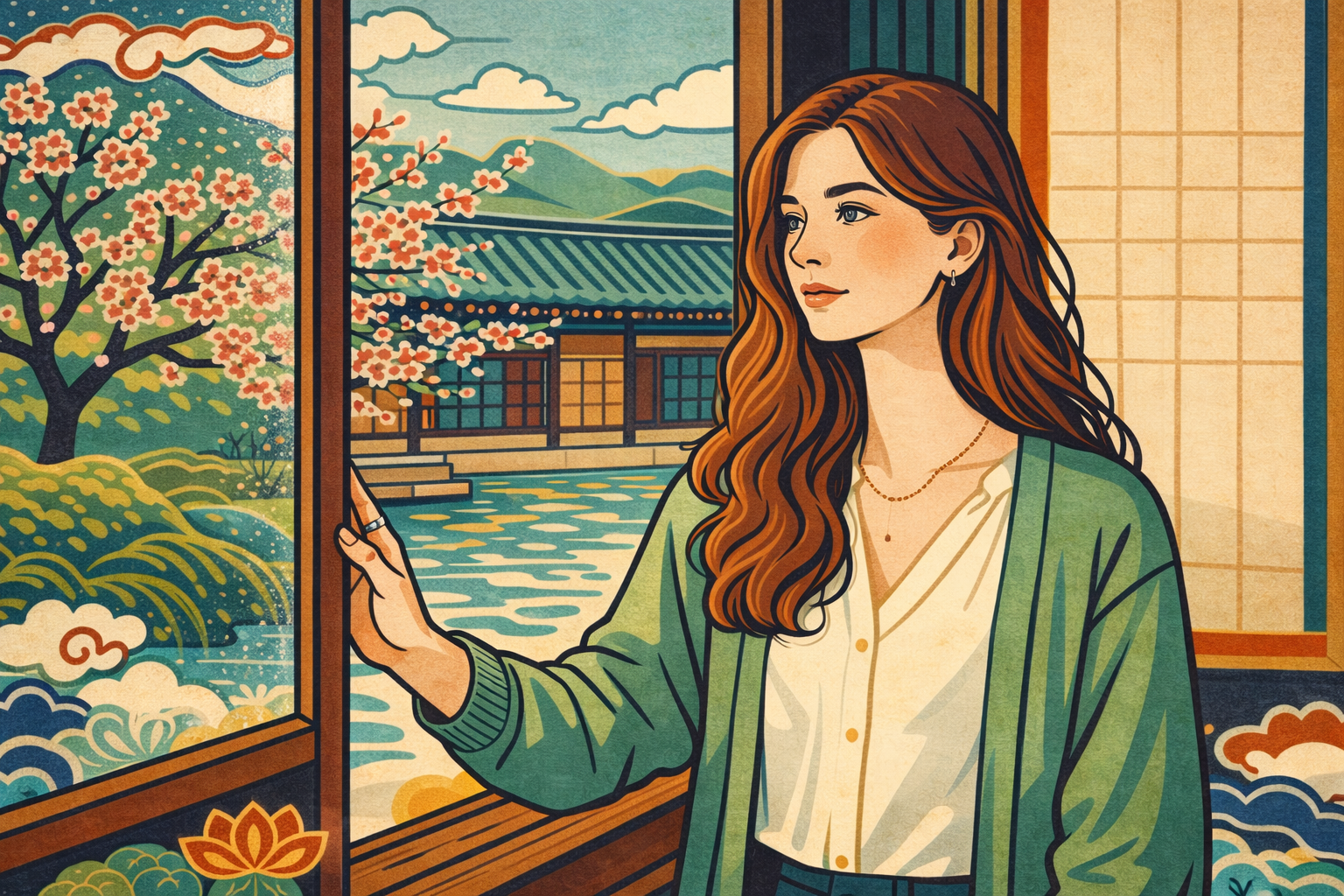 spring cycle meaning in astrology — minhwa-style illustration of a young woman watching cherry blossoms from a hanok window