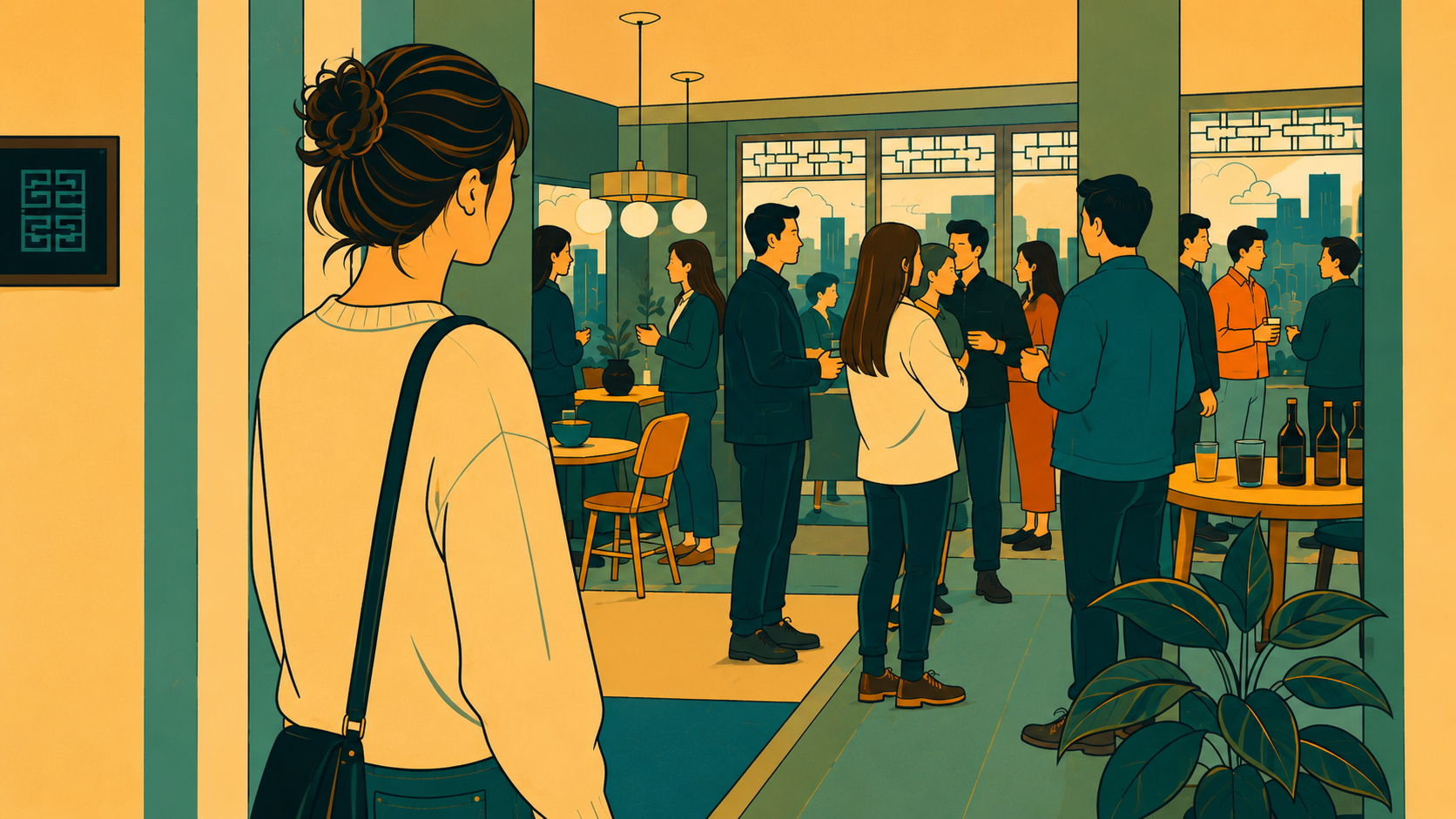 Staying small modern minhwa thumbnail showing a woman standing quietly at the edge of a gathering, observing others before stepping into the group.
