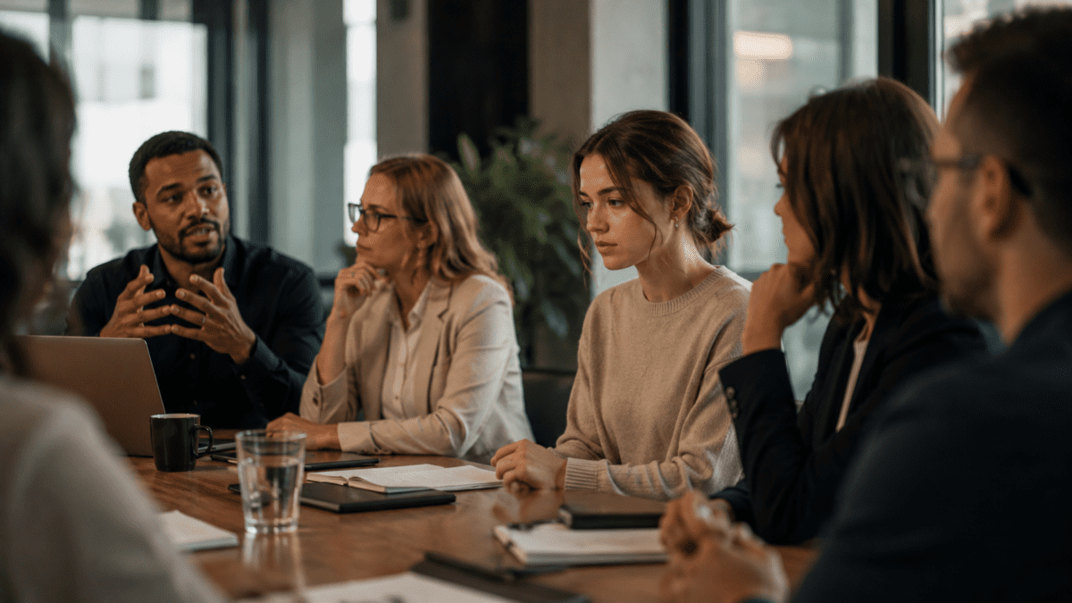 Staying small image showing a woman remaining silent in a meeting, listening carefully while holding back her thoughts and opinions.