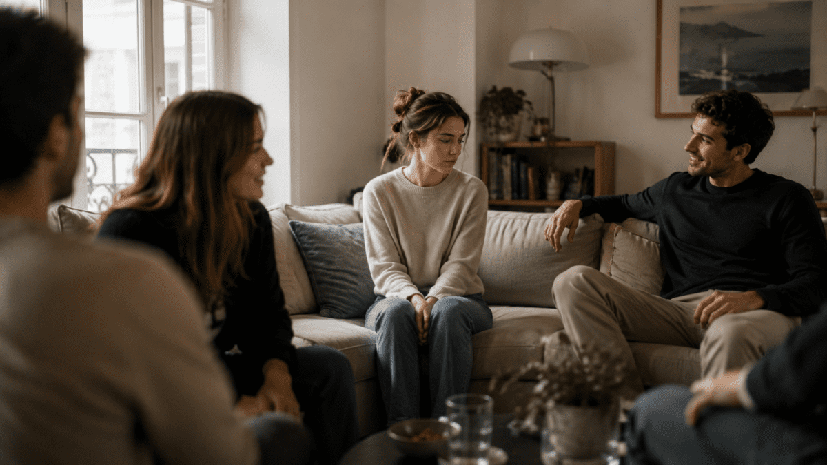 Staying small image showing a woman sitting quietly among friends, withdrawing into herself while others take up the conversation around her.