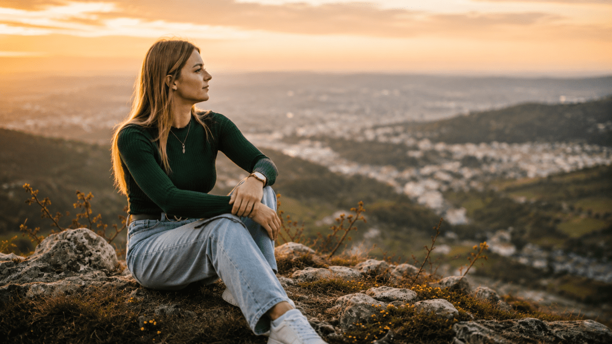 Woman sitting on hilltop at golden hour gazing outward, representing the authentic self that emerges when performance ends and you stop hiding