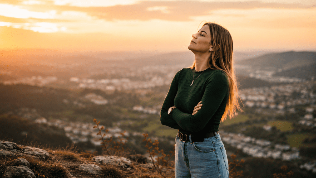 Woman standing confidently on hilltop looking upward at golden sky, representing self-approval and the peace of becoming fully, authentically yourself