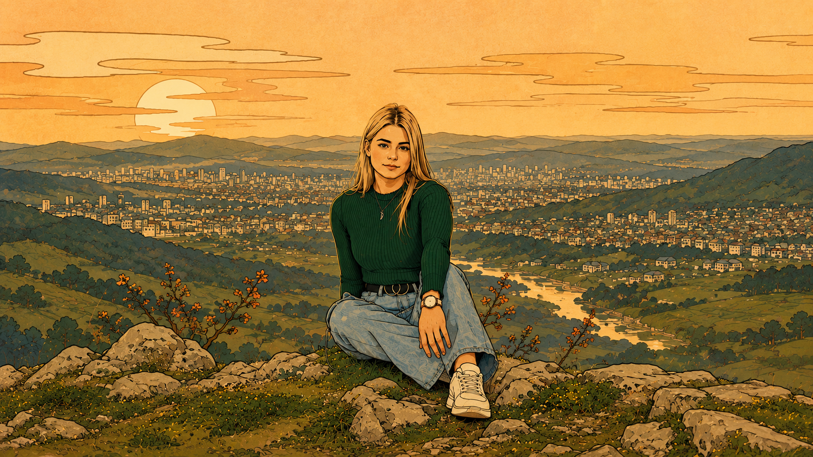 Illustration of woman sitting confidently on hilltop overlooking vast valley at sunset, representing freedom and self-acceptance when you stop asking permission