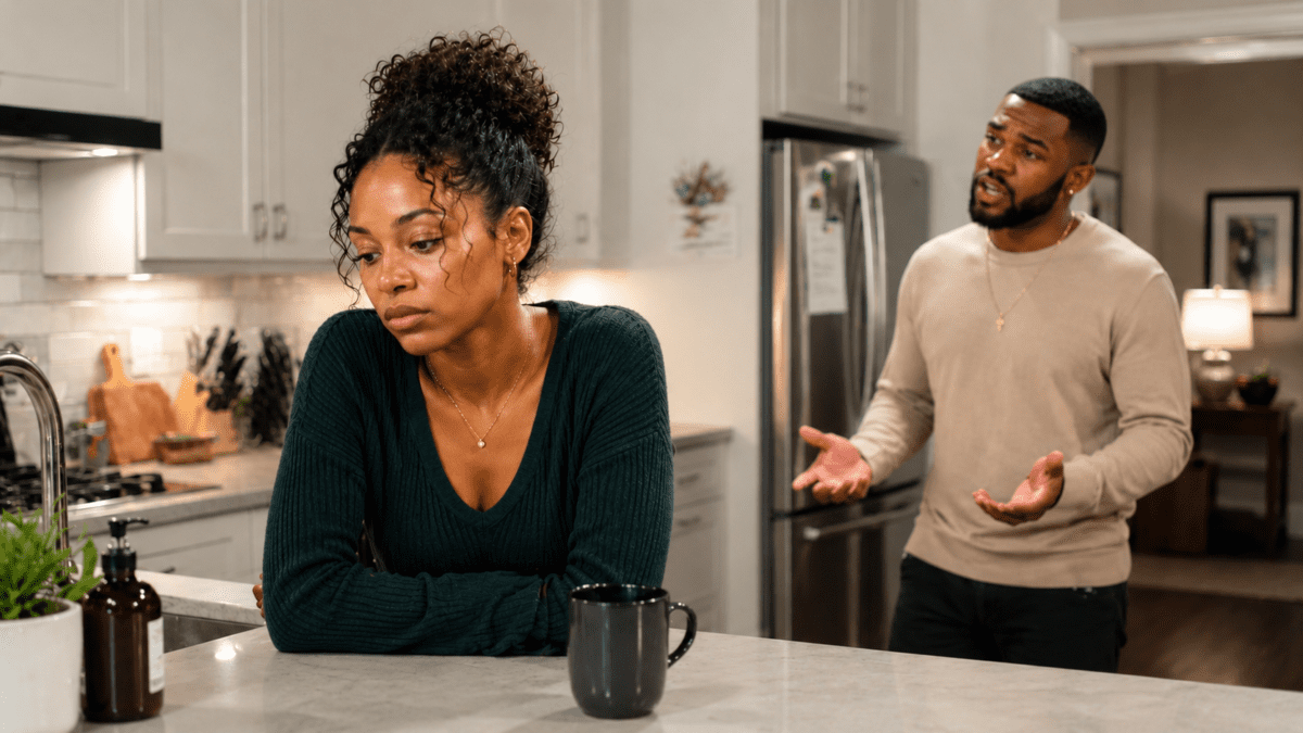 Woman withdraws at the kitchen counter as he keeps talking, her silence growing heavier with each word.