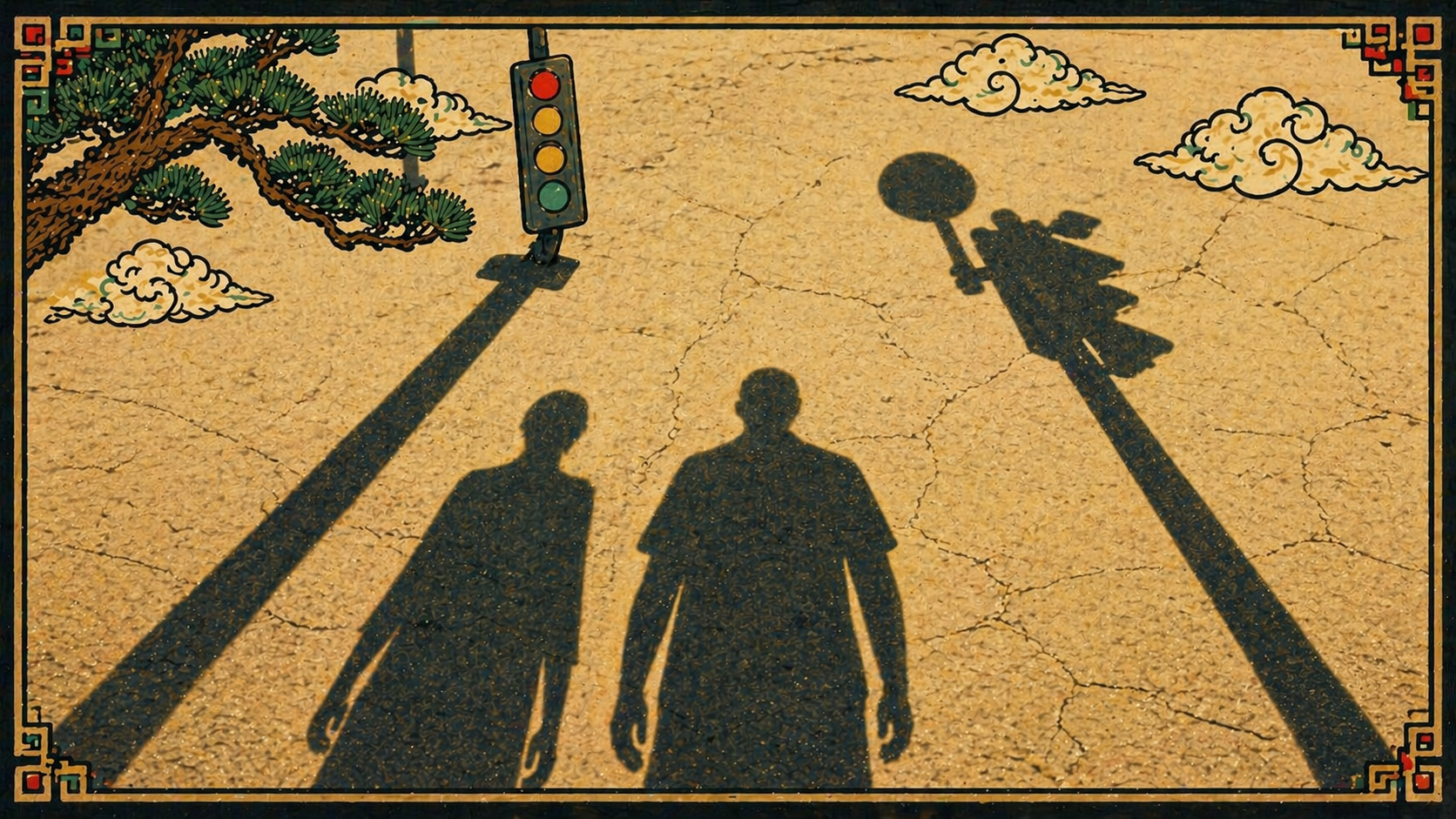 Shadows of different people under a traffic light, showing strength and timing—illustrating how the same signal affects different people differently, symbolizing how the same moment activates different strengths depending on who you are and where you are.