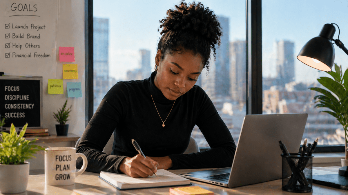Woman at desk working with strength and timing: who you are and where you are determine your results.