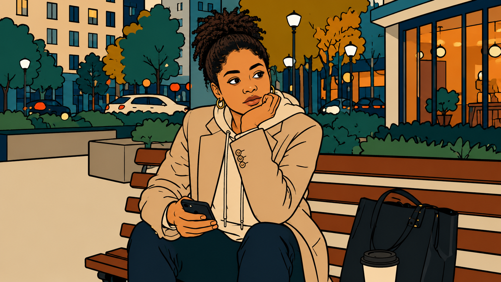 A woman sitting in contemplation on a city bench, representing strength and timing—illustrating how who you are and where you are shape how your effort produces results, and why the same capacity works differently in different seasons and contexts.