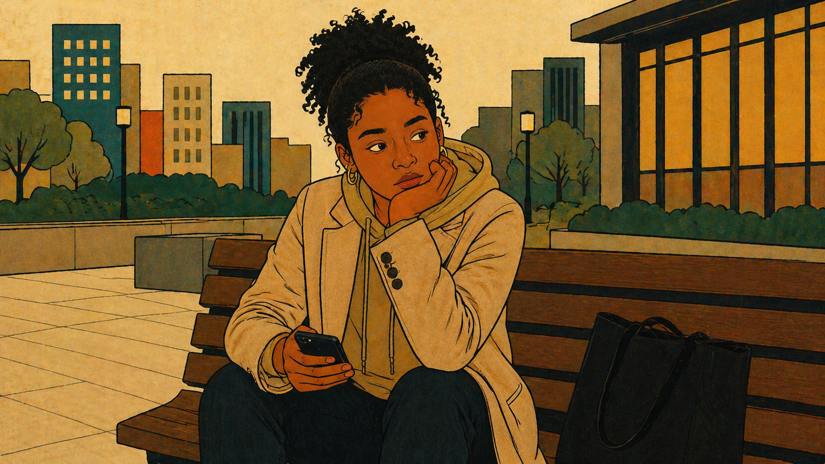 A woman sitting in contemplation on a city bench, representing strength and timing—illustrating how who you are and where you are shape how your effort produces results, and why the same capacity works differently in different seasons and contexts.