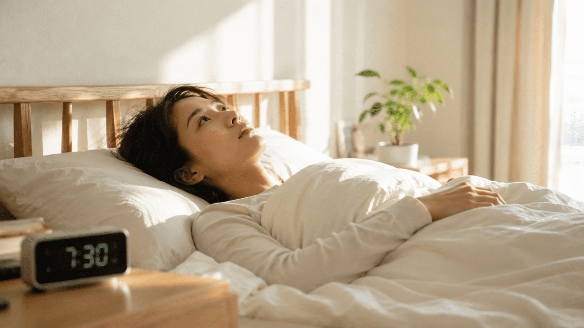 Woman waking up at 7:30, dreading another day stuck in the wrong major.