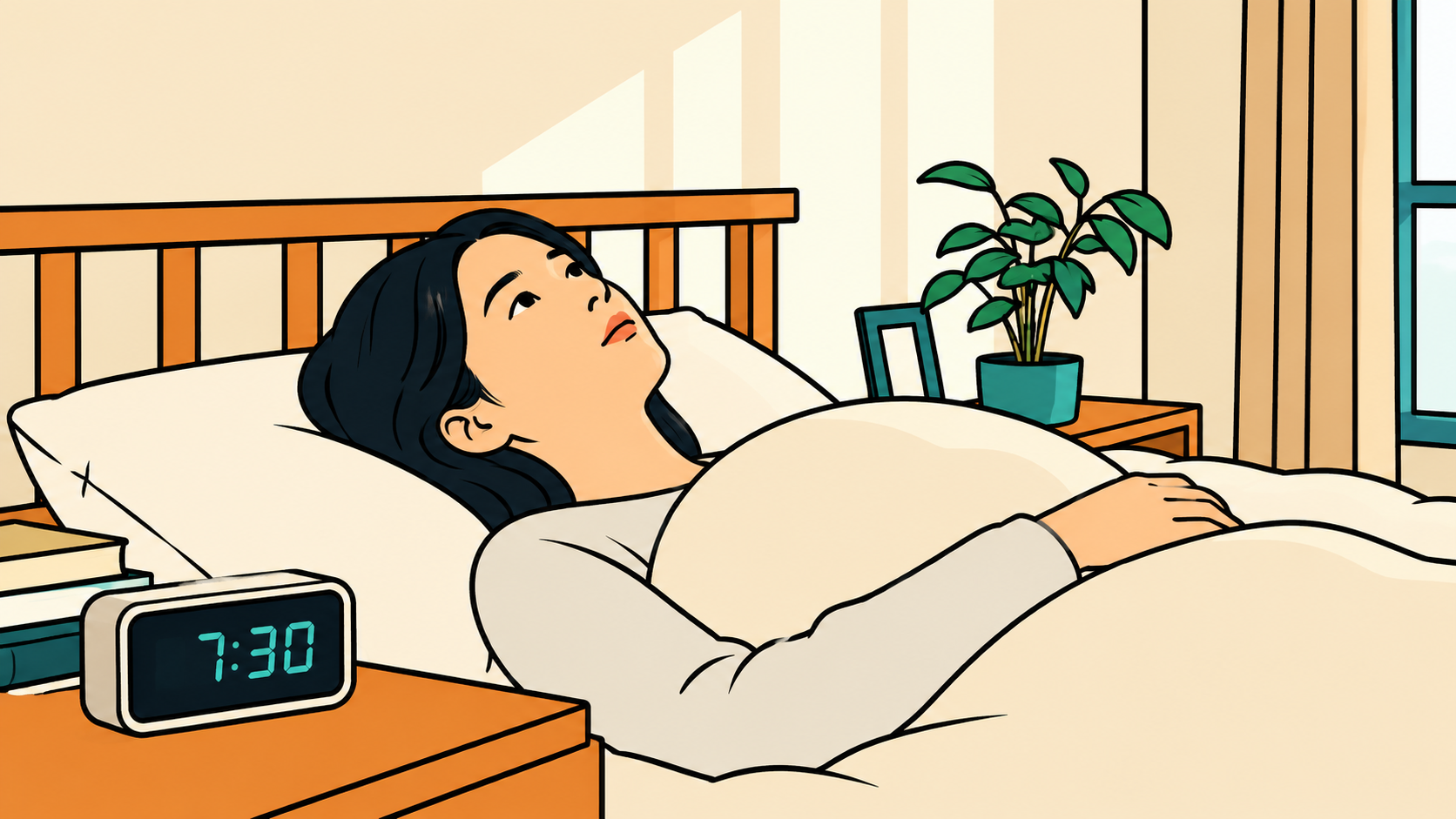 Minhwa-style illustration of a woman waking up, stuck in the wrong major.