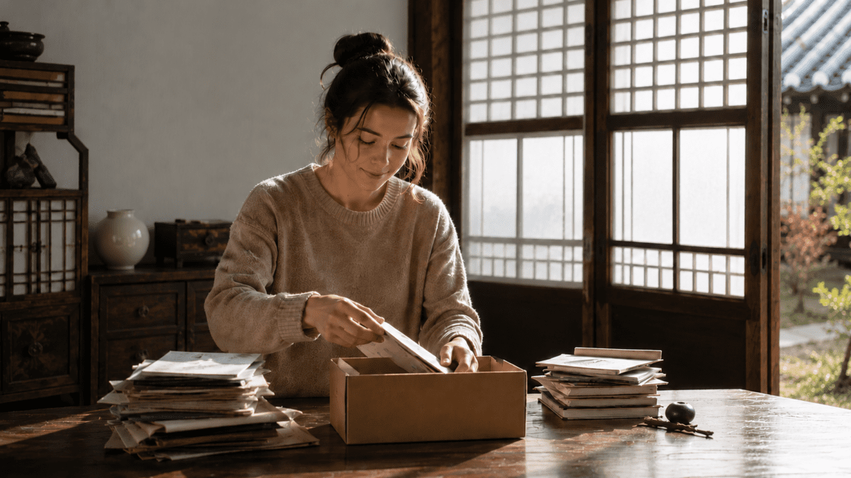 Woman sorting old letters and photos into a box in a hanok room, capturing the final separation in the sunset cycle meaning.