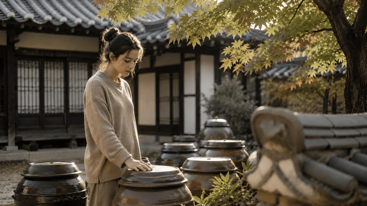 Woman resting her hand on a clay jar lid in a hanok courtyard, reflecting the hesitant decision in the sunset cycle meaning.