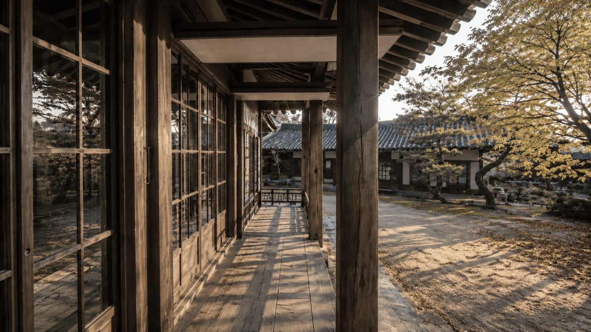 Late afternoon light along a wooden hanok corridor with autumn trees beyond, anchoring the sunset cycle meaning in astrology.