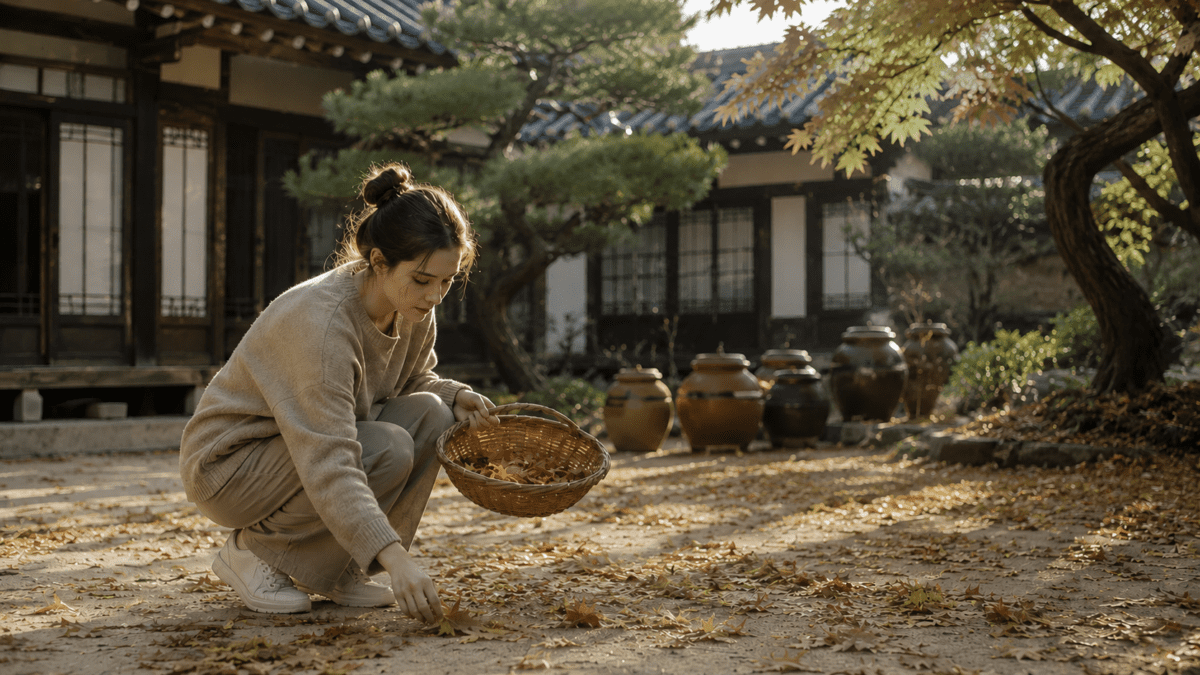 Woman gathering fallen leaves into a basket in a hanok garden, embodying the refining process in the sunset cycle meaning.