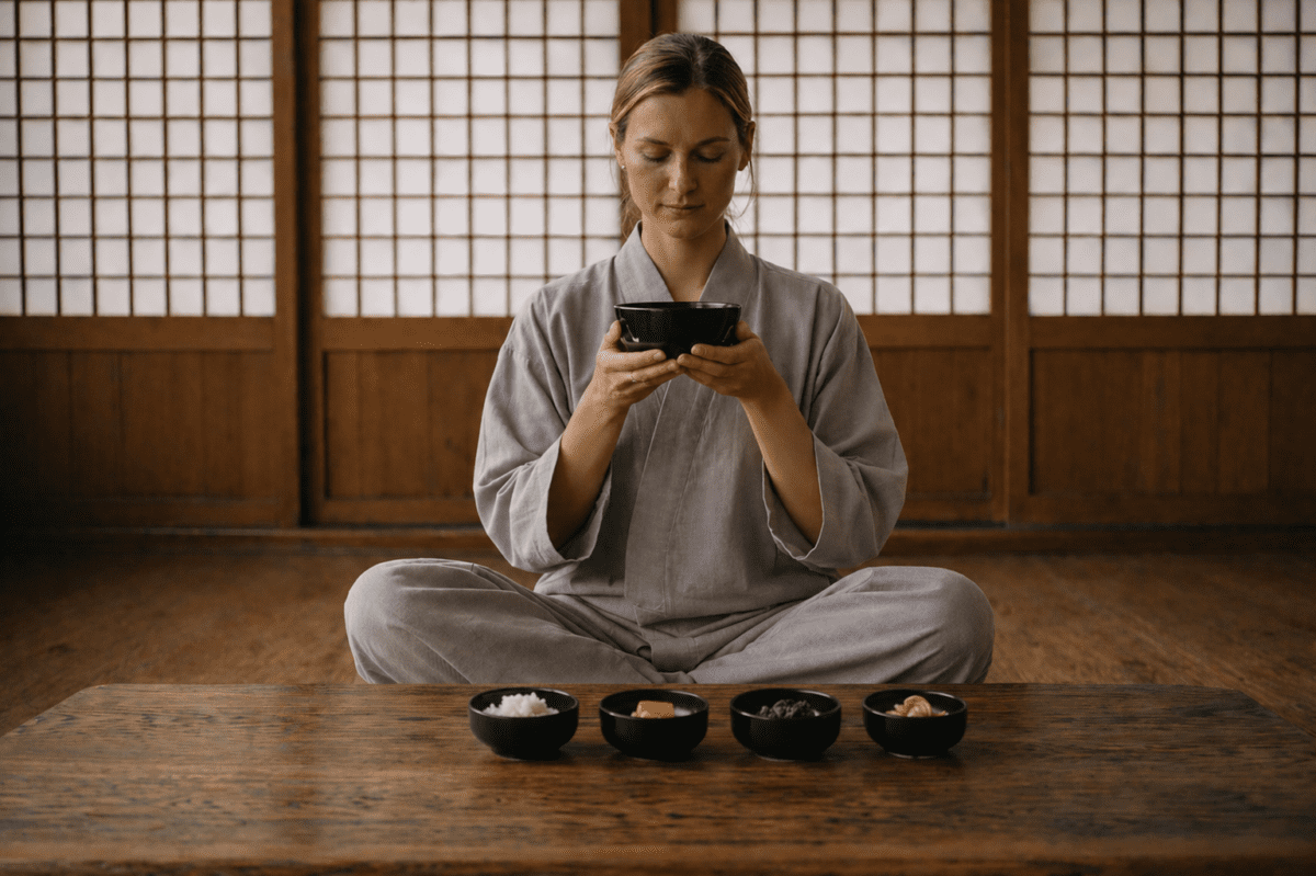 A woman in temple robes preparing baru gongyang (ritual bowl meal) with carefully portioned food, representing temple stay wellness—illustrating how the schedule structures even eating, where each ingredient is already waiting and nothing floats loose.