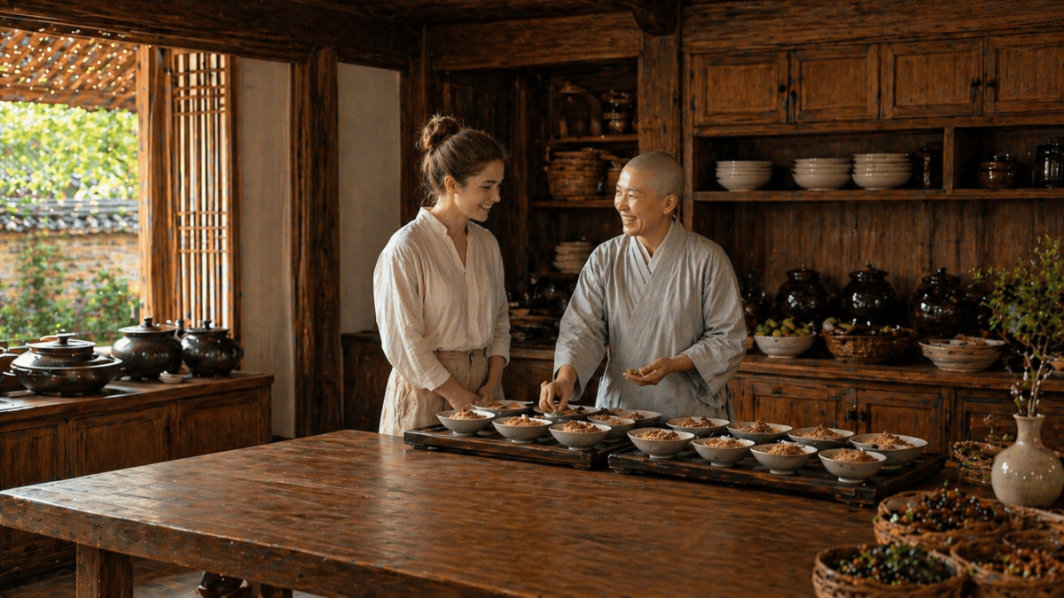 A Buddhist nun and visitor in a traditional Korean temple kitchen surrounded by prepared bowls and ingredients, representing temple slow food—illustrating how the meal that reaches the table at 6 AM required decisions made at 3 AM, working forward from the ingredients rather than backward from a deadline.