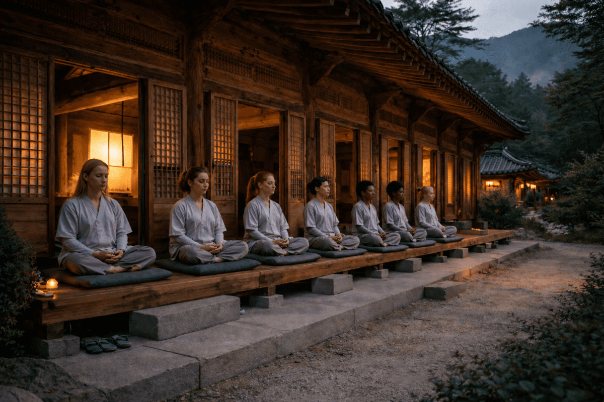 A line of people in light robes sitting in meditation at a Korean temple at dusk, representing temple stay wellness—illustrating how the schedule creates a structure where each hour connects to the next without addition or distraction.
