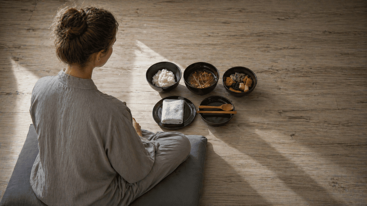 A person in temple robes sitting before a meal of carefully prepared dishes in black bowls, representing temple slow food—illustrating how each ingredient was given exactly what it needed, and the meal that arrives tastes different because time was the actual ingredient.