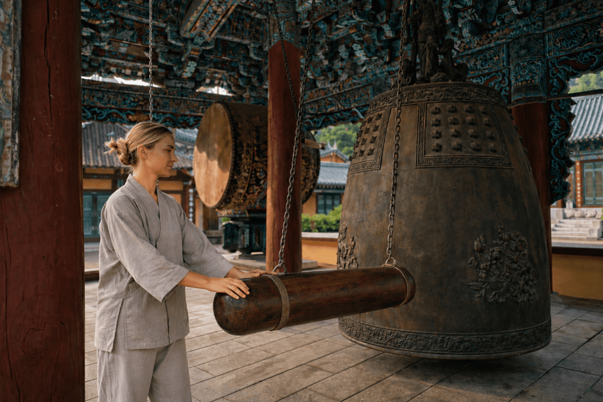 A woman striking a large bronze temple bell with a wooden mallet, representing temple stay wellness—illustrating how the schedule works through physical sound and rhythm, structuring each hour without explanation.