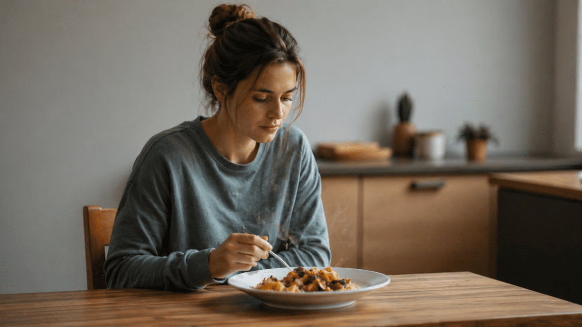 A person eating a simple meal at home in her apartment, representing temple slow food—illustrating how the rhythm dissolves back into ordinary life, but the knowledge that the gaps can be left open and the memory of temple slow food remains, drawing her to return.