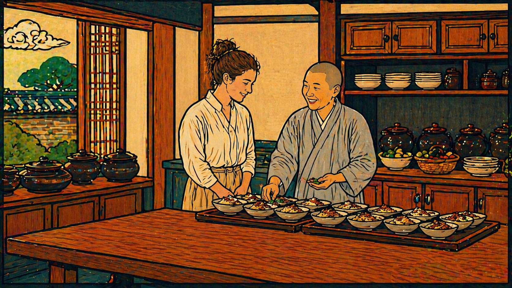 An illustrated traditional Korean temple kitchen where a cook and visitor prepare multiple bowls of temple food together, representing temple slow food—showing how the work that began at 3 AM is now reaching completion, every ingredient already knowing what it needed.