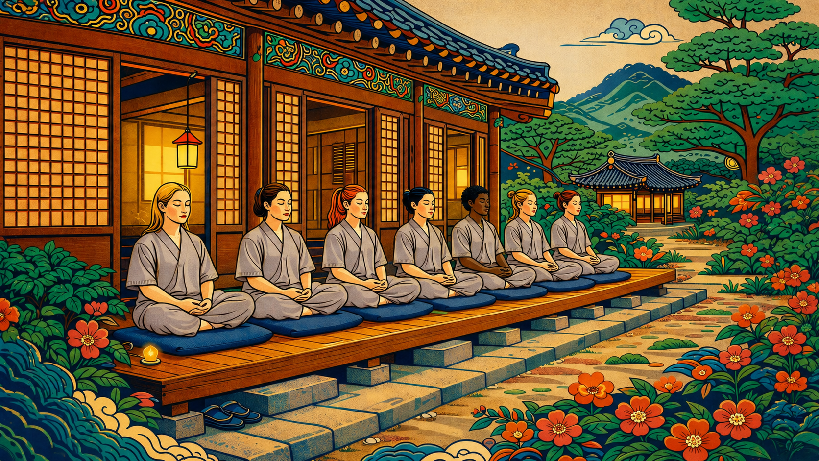 An illustrated group of people meditating in robes at a Korean temple at dusk, representing temple stay wellness—showing how the schedule subtracts additions and creates a structure where the day knows what it's doing.