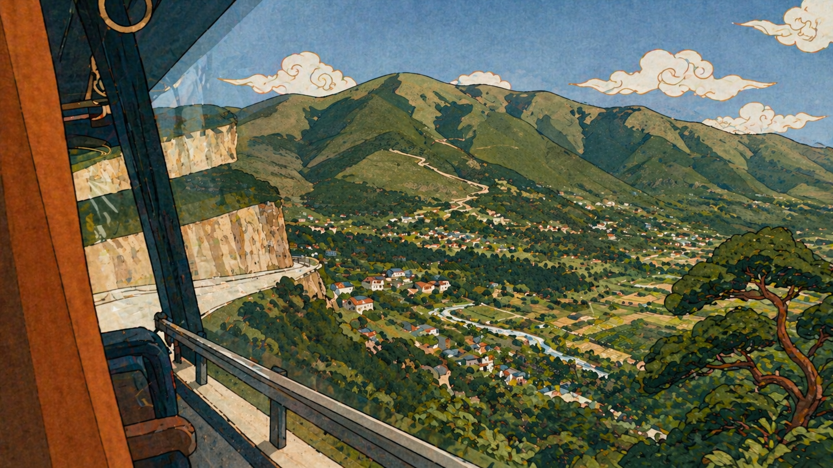 An illustrated view from a temple window overlooking mountains and valleys, representing temple slow food—illustrating why people return again and again: the gate opens every day, the structure waits, the schedule does not change, the logic remains.