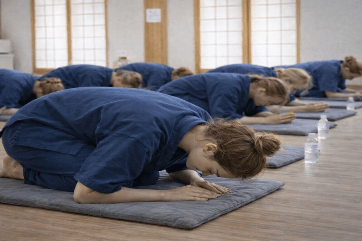Multiple people in blue temple robes performing 108 bows in a Korean temple morning session, representing the ritual practice where each prostration corresponds to setting down one affliction the mind carries.