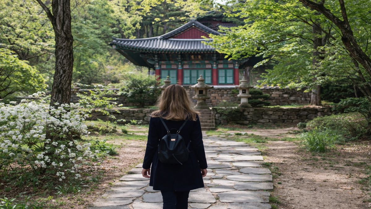 A woman walking alone on a mountain path toward a traditional Korean Buddhist temple, representing temple stay Korea—illustrating the solitary journey of disconnection and self-discovery that begins when the gate closes behind you.