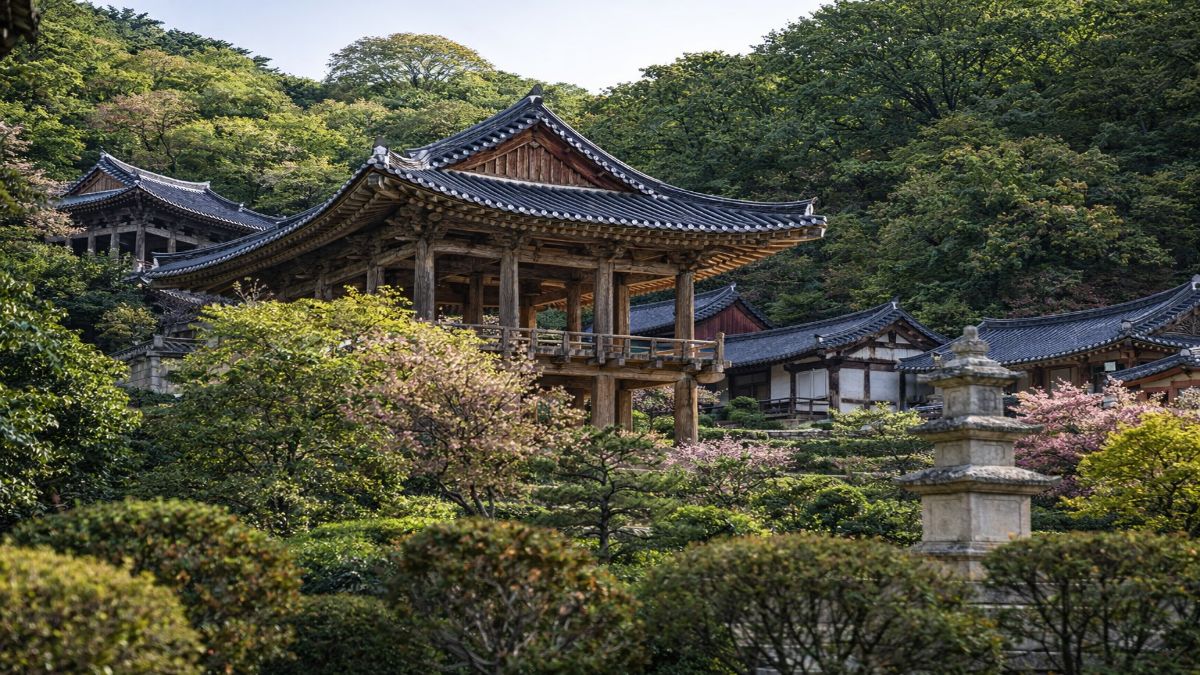 Traditional Korean Buddhist temple buildings nestled in a lush mountain garden, representing temple stay Korea—illustrating the landscape where the outside world disappears and a different version of time moves through the grounds.