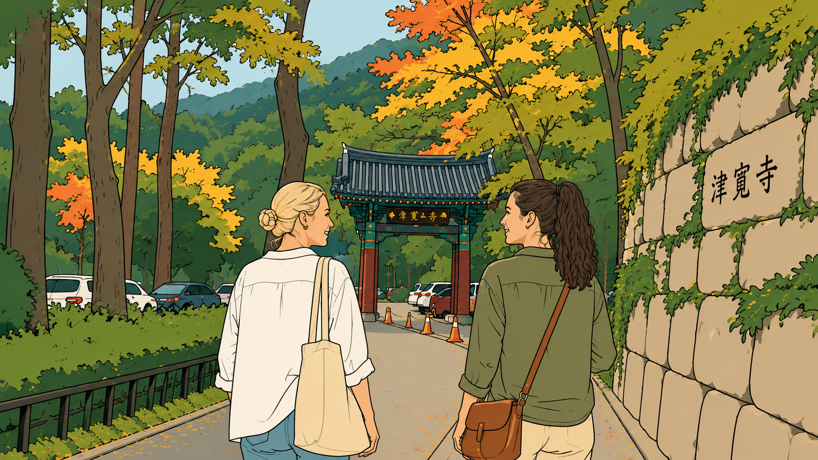 Two women approaching Jingwansa temple gate on a temple stay Korea trip, autumn illustration