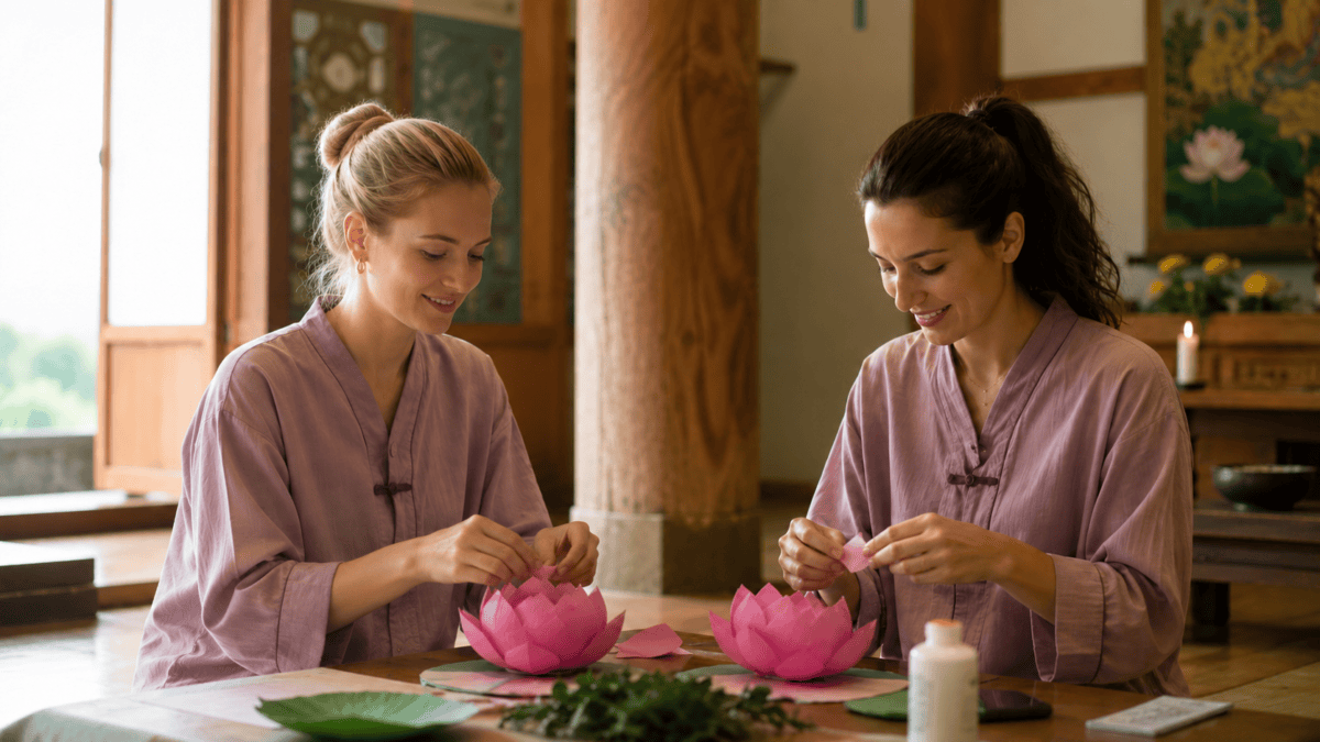 Two women in purple temple robes making lotus flowers during a temple stay Korea program at Jingwansa