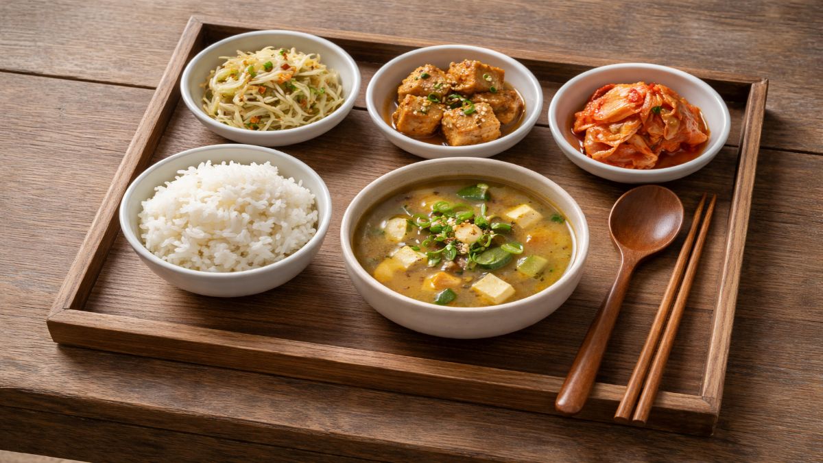 A traditional Korean temple meal arranged on a wooden tray, representing temple stay Korea—showing the simple, unadorned food where each ingredient tastes like itself and eating becomes an act of complete attention.