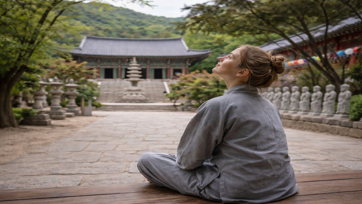 A woman in temple robes meditating in the courtyard of a Korean Buddhist temple, representing temple stay Korea—illustrating the quality of stillness and inner focus that emerges when you remove everything else.
