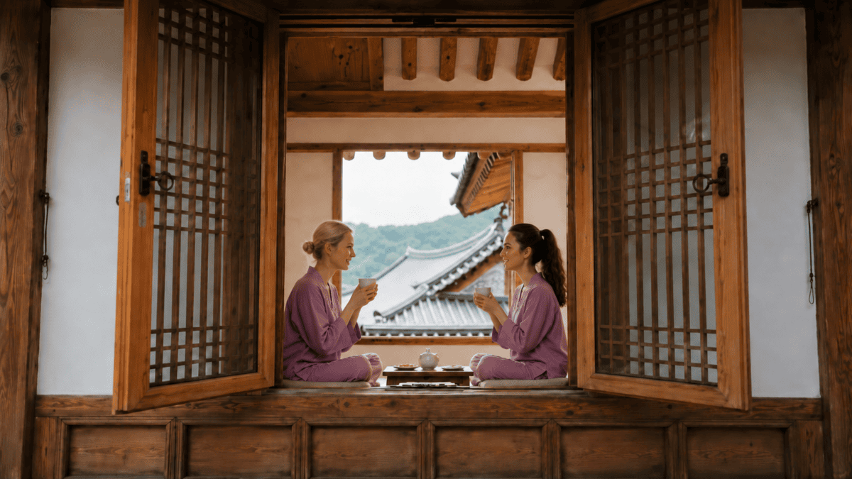 Two women in purple temple robes sharing tea at Jingwansa during a temple stay Korea evening