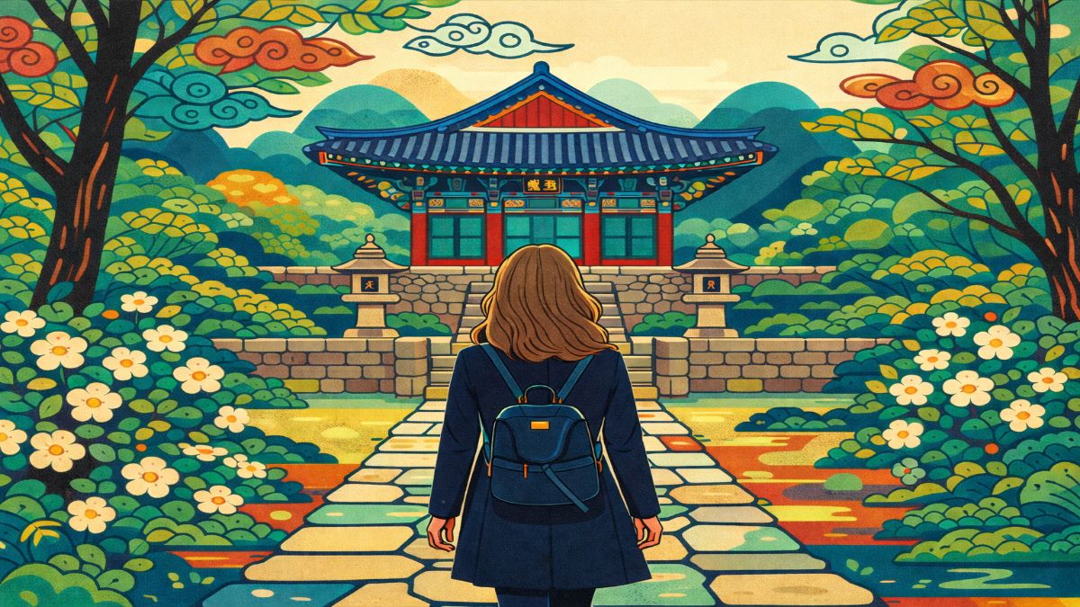 A woman walking toward a colorful Korean Buddhist temple surrounded by vibrant gardens and mountains, representing temple stay Korea—illustrating the threshold moment where you leave the ordinary world behind and begin a journey of disconnection and discovery.
