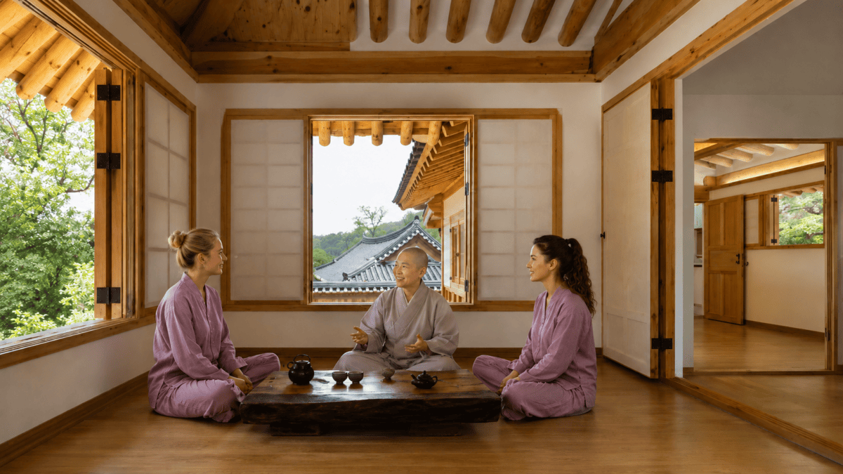Two women in temple robes having tea with a Buddhist nun at Jingwansa during a temple stay Seoul visit