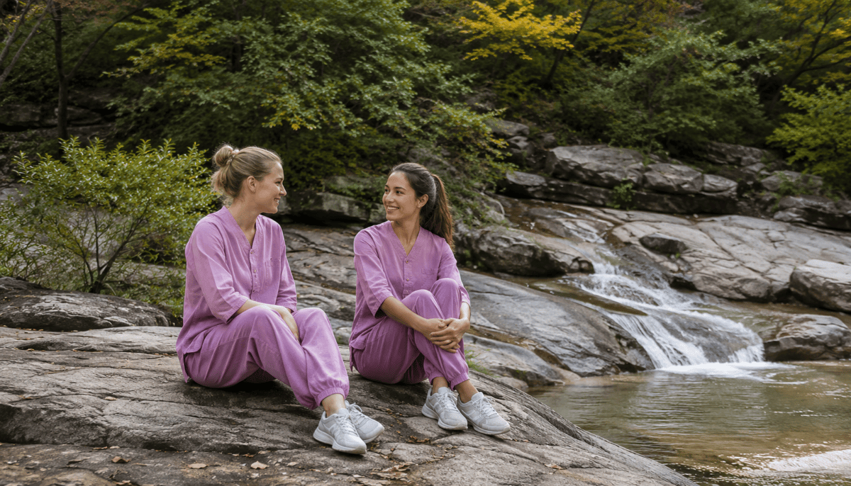 Two women in temple robes resting by a stream in Bukhansan near Jingwansa during a temple stay Seoul visit, early autumn
