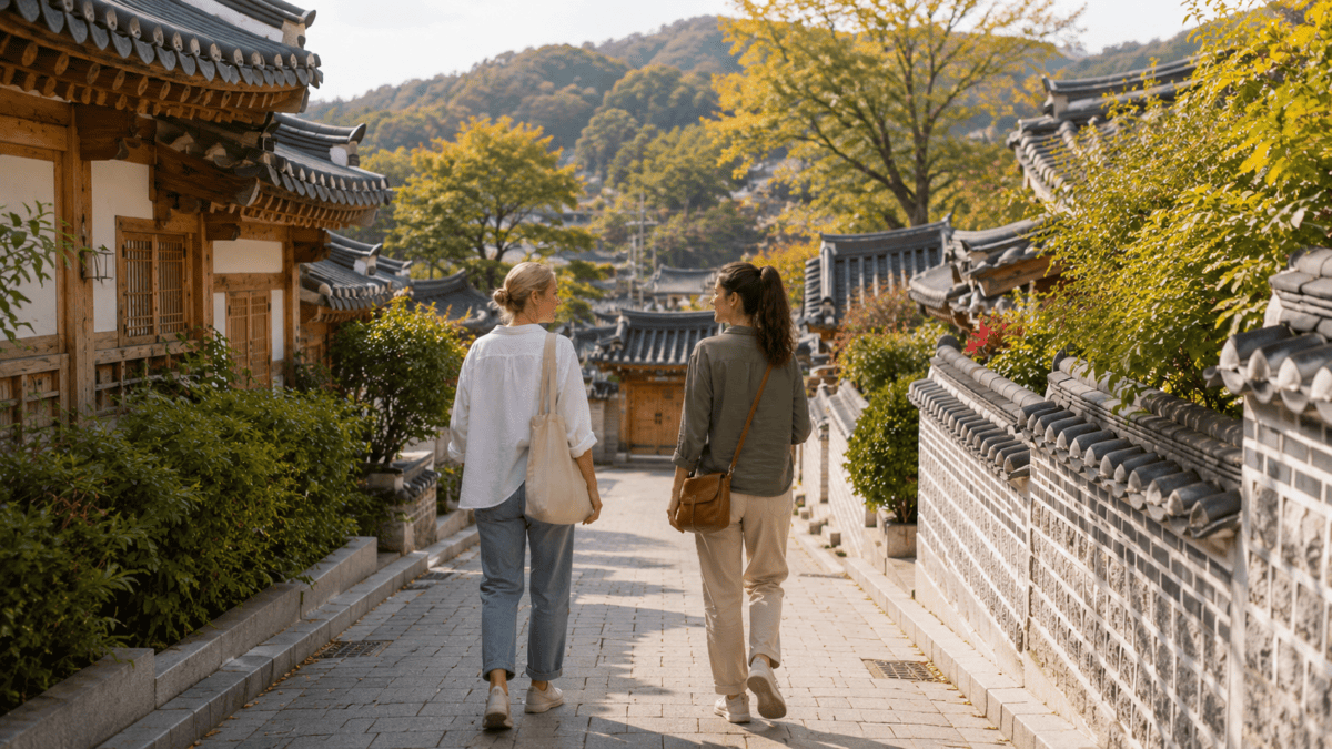 Two women walking through Eunpyeong Hanok Village near Jingwansa after a temple stay wellness program, autumn
