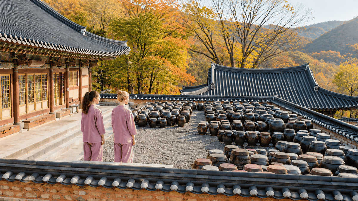Two women in temple robes standing before rows of earthenware jars at Jingwansa during temple stay wellness, autumn
