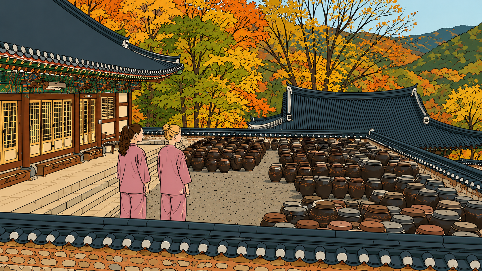Two women in temple robes looking at Jingwansa earthenware jars, temple stay wellness, autumn illustration