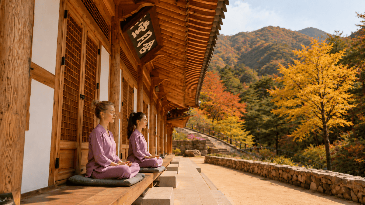 Two women in temple robes meditating outdoors at Jingwansa during temple stay wellness, autumn Bukhansan