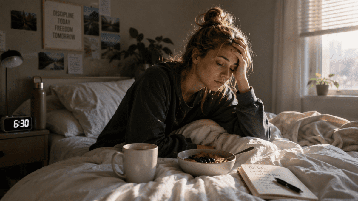 Exhausted woman sitting on bed at 6:30 AM with coffee and to-do list, burned out from forcing an idealized morning routine that doesn't match her body's needs