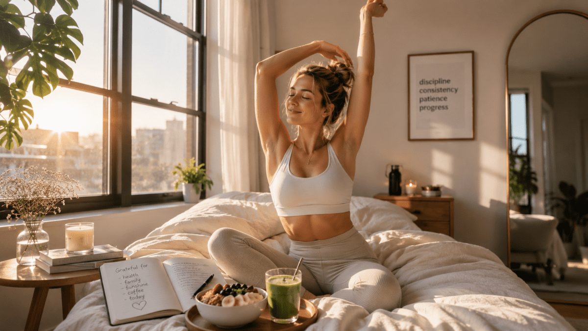 Woman waking up to perform idealized That Girl Routine morning: journaling, meditation, green juice, and healthy breakfast in minimalist aesthetic bedroom during golden hour