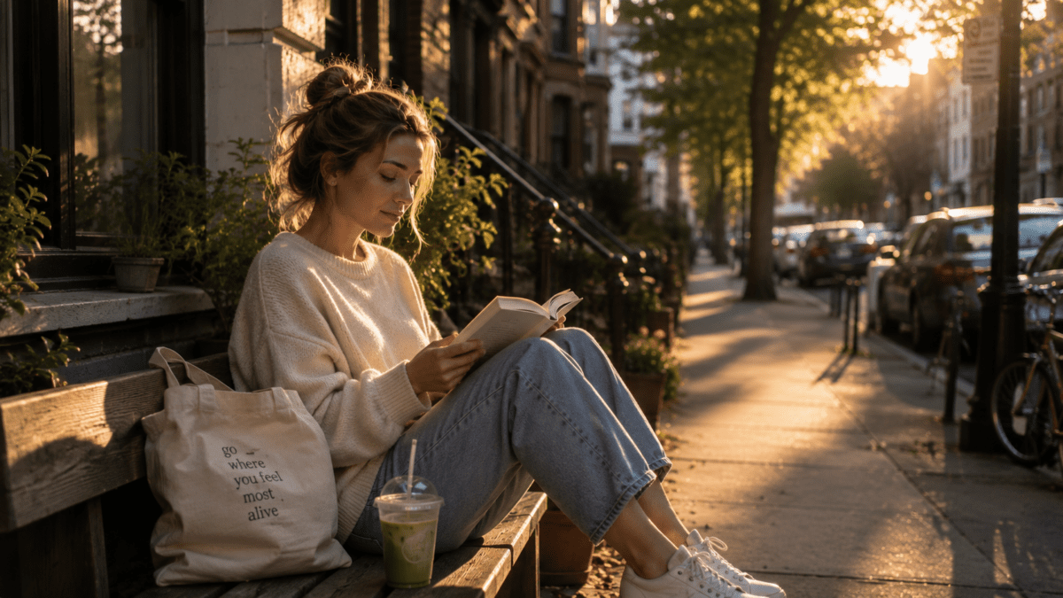 Woman reading on city bench with "go where you feel most alive" tote bag, embodying authentic rhythm and self-acceptance in real life