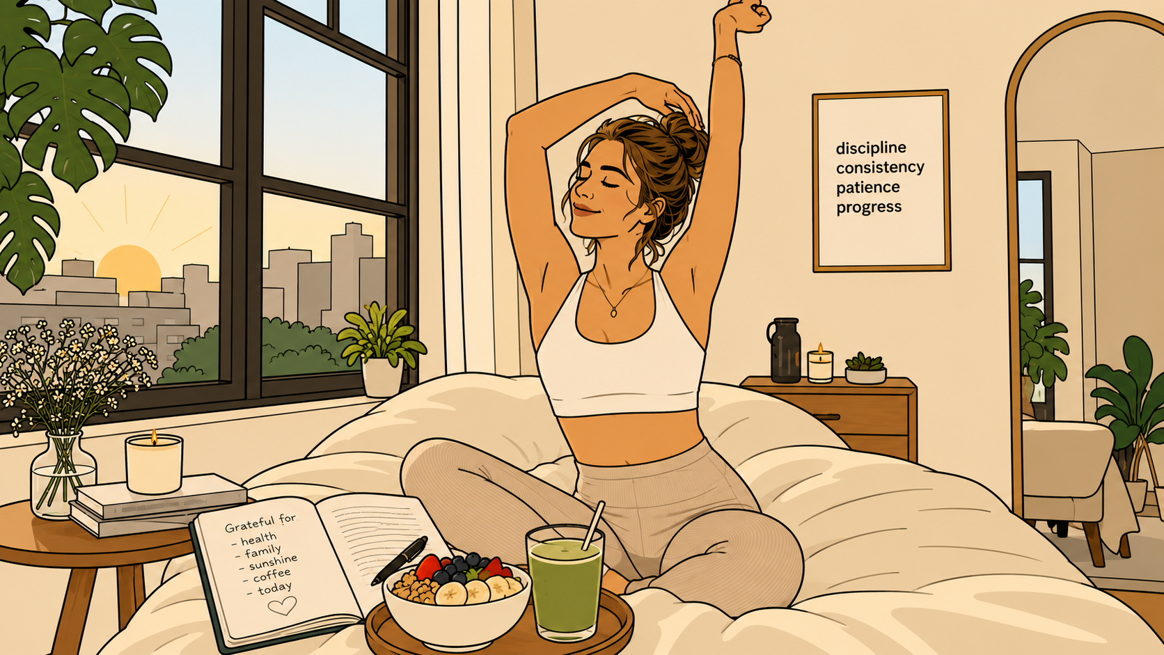 Woman with arms raised in confidence and freedom on bed, surrounded by gratitude journal and morning essentials, embodying authentic rhythm without external expectations