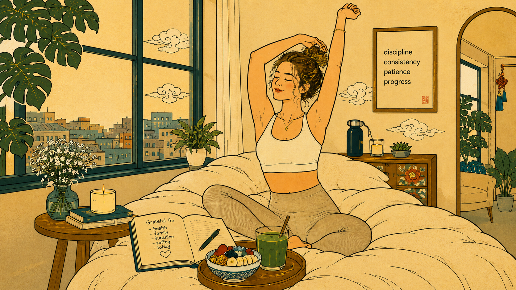 Woman with arms raised in confidence and freedom on bed, surrounded by gratitude journal and morning essentials, embodying authentic rhythm without external expectations